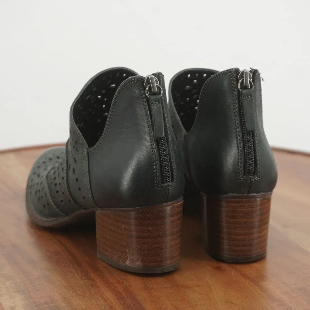 Sofft Black Perforated Leather Ankle Booties with Wood Block Heel